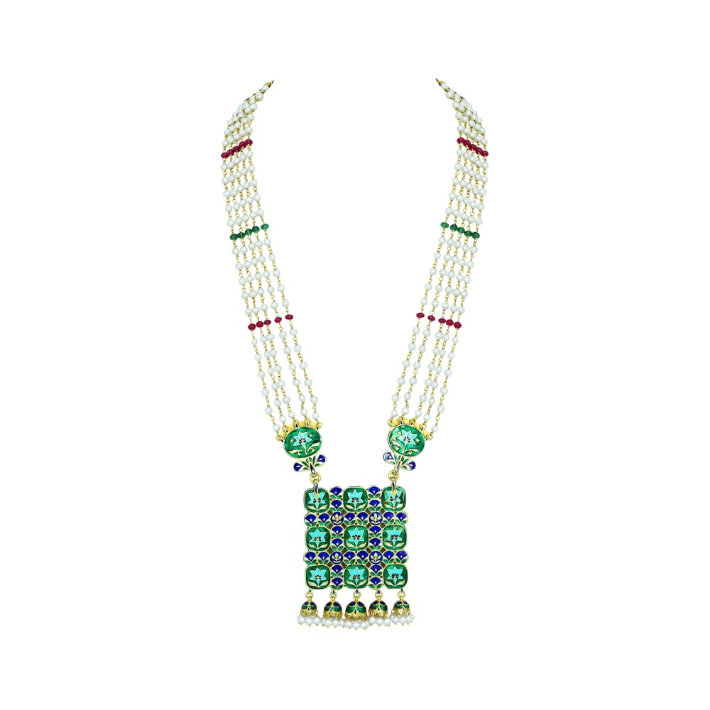 Pearl Necklace with Navratan Pendant and Ruby-Emerald Beads
